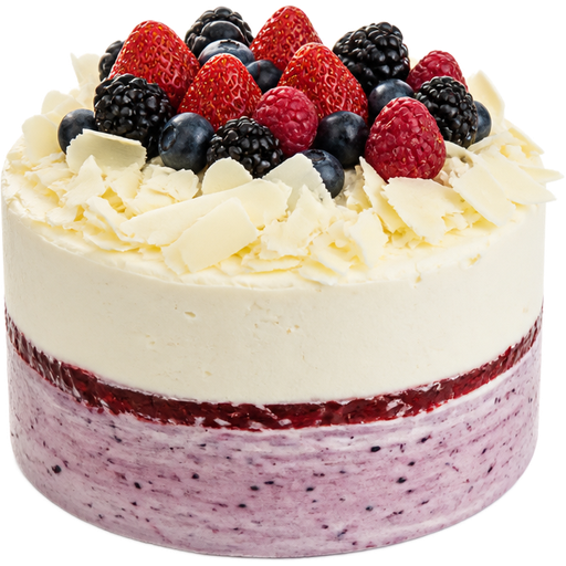 Whole Fresh Berry Cake with Mixed Berry Buttercream at the Bottom and Strawberry Jam in the Middle, Vanilla Buttercream, Big White Chocolate Shavings and Mixed Berries on Top