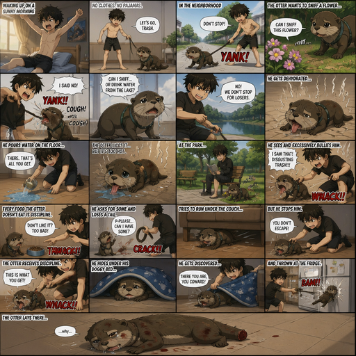 Waking up in the morning on a Sunny day and no cin pajamas and his pet otter but Excessively bully’s it. in the neighborhood and the Otter wants to stop and sniff a flower but he yanks the leash and the Otter coughs up Saliva and the otter asks if he can sniff a drink water from the lake but he’s says no and gets dehydrated and he pours what we on the floor and the otter licks it but it’s to hot. But They go to a park and he sits down and reads a book and can see the otter trying to secretly sniff flowers so he Excessively bullies him. Then later Every food the otter doesn’t eat there are is discipline. and asks for some and the looses a tail and tries to run under the couch but stops him. And the otter Receives Discipline that. And hides under his Doggy bed and gets discovered and thrown at the fridge and then the otter lays there