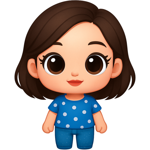 Blue shirt, white dots blue jeans, without braids to the back big eyes, lashes, lips, small little white and clear beads