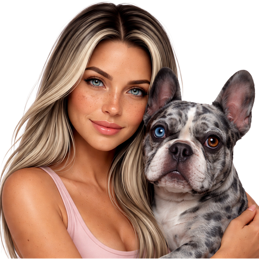Latina Ice Blonde dark roots no makeup 40 year old baddie girl blue-grey eye color squinty dark freckles very straight long hair cuddling gray blue merle one blue eye one brown eye French bulldog serious smile light pink tank