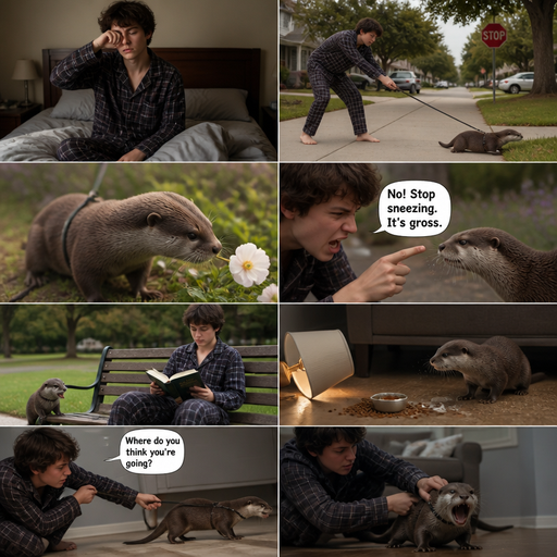 Waking up din the morning in pajamas and his pet otter but Excessively bully’s it. in the neighborhood and the Otter wants to stop and sniff a flower but he yanks the leash and the Otter coughs up Saliva and the otter asks if he can sniff a flower but he’s says no and stop sneezing it gross. But They go to a park and he sits down and reads a book. Then later And he Tips lamp over and Every food the otter doesn’t eat there are is discipline. and asks for some and the looses a tail and tries to run under the couch but stops him. And the otter Receives Discipline that. The otter runs away but he caches him by the collar and says we’re do you think your going and looses
