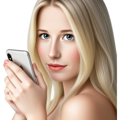 "Soft pastel colors, a beautiful blonde woman with big blue eyes, gracefully holding an iPhone, ethereal lighting."