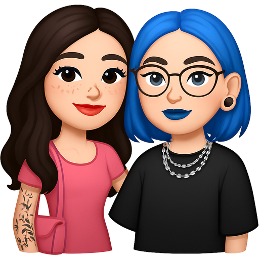 Two girls being friends, one with long loose dark brown hair, and dark lashes, also brown eyes and freckles with rouge on her cheeks, she’s very skinny and tattoed, she wears red lipstick and is dressed very femme in pink clothes and has a little pink purse. And the other girl has shoulder length blue hair, brown eyebrows, blue eyes with winged eyeliner, she wears round glasses with narrow frames, has a nose ring and tunnel piercings in her ears, she also wears blue lipstick and rouge on her cheeks and silver chains and little white pearls around her neck apart from an oversized unisex black clothes