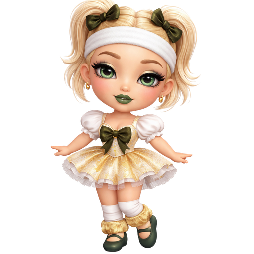 Banana Twirl with a Fair-Light Warm Soft Beige Skin Tone with a Full Lip Shape With a Slight Doll Eyelash Shape and A Dark Green Tinted Matte Lipstick with a Grey-ish Blue Eyeshadow and a Curved Round Eyebrow with a Almond Eye Shape and a Square Face Shape with Light Blonde Hair in a Short Ponytail Hairstyle in a Up Position With the Bows Being A Dark Moss Green With a White Sweat Band on Her Forehead Wearing a White Ballet Dress With the Skirt Being Gold and White Short Puffed Sleeves and the Center of Dress Has a Dark Moss Green Bow With the Strap Being White Wearing White Sweat Band Round her Knees and Gold Leg Warmers Round her Ankles and Dark Green Ballerina Slippers with Ivy-Green Eyes with a Mature Adult Toned Shape and Vivid with 3D Distinct Features And High Visual Textures in a Soft 4K Intense Polished Shine