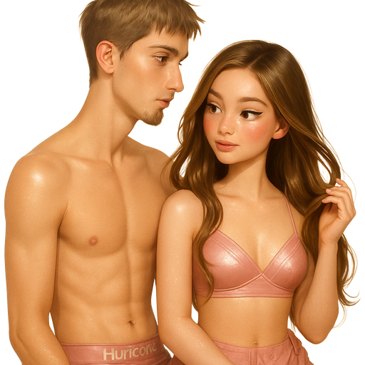side view of me: sitting on his lap twirling my hair over shoulder: tall slender young man: oblong face shape with long pointed chin, nose: straight with medium-width, cheeks: high, soft, slightly hollow, eyes: light green almond shaped, close-set, downturned, long lashes, brows: thin straight slightly angled brows, golden light skin tone, lips: slightly full, soft pink, facial hair: thick chin goatee, hair dirty-blonde ash brown, textured crop haircut, youthful masculine serious expression, soft abs shirtless, blush Hurley boxers: semi-realistic luxury glossy bratz-romantic aesthetic, warm cinematic glow, crisp clean detail, glossy glam skin. petite girl, soft-autumn tone, fair skin, honey-brown almond eyes, soft freckles, round moderate bust, chubby upper arms, sweet Belle-princess vibe, long below bust length brunette honey balayage hair with visible honey blonde highlights, blush-petal silk bralette with strappy details and low-rise-rose shorts, hair: sleek glossy straight, makeup: shimmer pop, pop-princess energy, shimmer highlight, sparkly glow