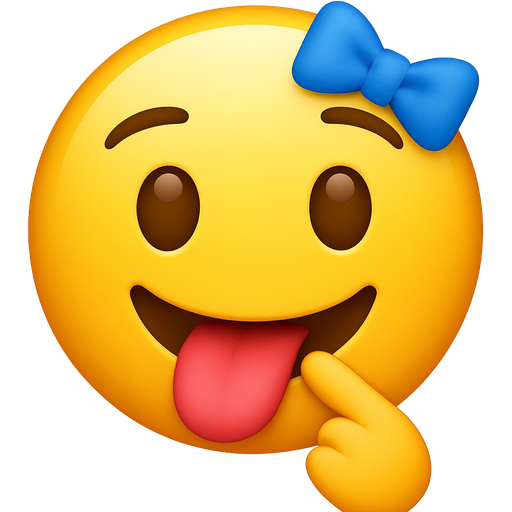 Make a face with a smile and tongue sticking out with a finger on the bottom lip and a small blue bow on the side of the head