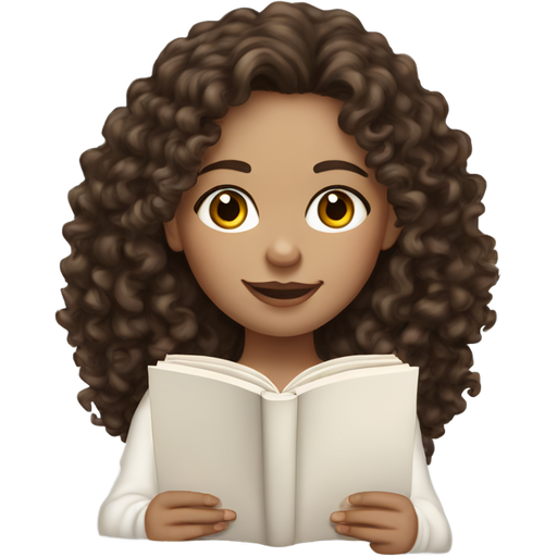 Create one white Girl with Brown Eyes with long dark brown curly hair. She holds an open book in her hands. She wears a cozy white off shoulder sweater.