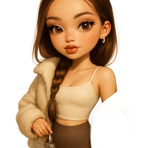 luxury glossy bratz-anime romantic aesthetic, warm cinematic glow, crisp clean detail, glossy glam skin. brown eyed Petite girl, fair skin with soft freckles, long wide face with tall forehead, honey-golden almond wide-set upturned eyes, fluttery lashes, shimmer highlight, plush lips, bottom heavy lip, sweet Belle-princess vibe, long straight brunette hair with visible light blonde highlights, softly defined feminine body, soft hourglass shape with full round bust, wearing oversized cream sherpa-lined teddy jacket hanging loosely off one shoulder, thin warm-ivory cropped cami, high-rise mocha leggings, cream chunky sneakers, tiny clear bag, glossy lips with nude-caramel tint, all hair gathered into soft braid over shoulder, diamond mini hoops glinting under soft snow lighting. Cozy romantic glow, soft warm lighting, pop-princess energy