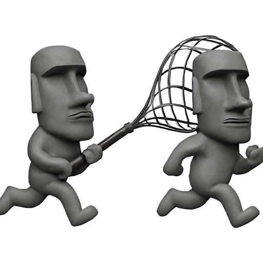 official Apple Moai stone grey statue emoji running, while holding a net gun, and using it to capture another Moai stone statue running away