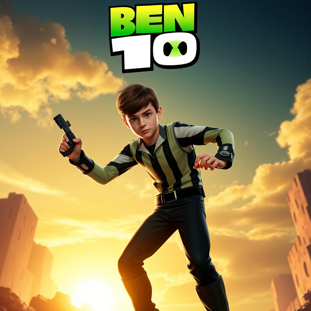 تمام! الحين راح أكتب لك وصف تفصيلي محترف للبوستر الرسمي (production poster) لفيلم Ben 10: Legacy، كأنك راح تسلمه لمصمم أو استوديو تصميم عشان ينفذوه 1:1. راح أكتب كل التفاصيل — الشخصيات، مواقعهم، الإضاءة، الألوان، الخلفية، النصوص، وكل عنصر بصيغة مرتبة. ⸻ وصف تفصيلي مصمم للبوستر الرسمي لفيلم Ben 10: Legacy عنوان العمل: Ben 10: Legacy الوراثة تبدأ… ⸻ الخلفية: • خلفية فضائية درامية، داكنة تميل إلى الأزرق النيلي مع تدرجات بنفسجية. • كوكب الأرض ظاهر في الجهة السفلية اليسرى، جزء منه يحترق بسبب معركة ضخمة. • فوق الكوكب، تظهر شقوق طاقة فضائية (تشبه شقوق الزمن أو الثقوب السوداء). • نيازك ومركبات غريبة تتحرك في الفضاء كإيحاء لاقتراب تهديد فضائي. ⸻ الشخصية الرئيسية (بن تينيسون – النسخة البالغة): • واقف في منتصف البوستر، بحجم كبير، يظهر من الركبة إلى الرأس (شبه صورة نصفية). • تعابيره جادة، بين التحدي والخوف الداخلي. • يرتدي بدلة هجومية سوداء/خضراء بلمسات تقنية حديثة مستوحاة من الأومنيتريكس. • على معصمه الأيسر، يظهر الأومنيتريكس الجديد، يضيء بلون أخضر نابض بالحياة، وشبه متصدّع (يوحي بخطورة التكنولوجيا). • من حوله، تظهر ظلال غير واضحة لبعض التحولات (مثل أربعة أذرع، XLR8، هيتبلاست، لكن بشكل فني غير مباشر وكأنها طاقة/هالة خارجة منه). ⸻ الشخصيات الداعمة (تظهر بالخلف بشكل درامي): 1. Gwen Tennyson: • تقف خلفه قليلاً إلى اليمين، ترتدي معطفاً طويلاً بلون أزرق غامق. • عيونها تلمع بطاقة سحرية بنفCharacter. Her hair is partially raised and looks smart and dangerous at the same time. Kevin Levin: He stands behind him to the left, armed with a metal power weapon, and his shield changes chemically on his arm. His expression is skeptical but a clear ally. The villain (Zerogon): At the top of the middle of the poster, his face appears only as a huge faint image in the middle of the space, submerged in shadows, with bright eyes. It is surrounded by an aura of alien aliens. ⸻Artistic design and fonts: THE FILM'S TITLE IS WRITTEN IN THICK METAL FONT, 3D, SILVER/GREEN, IN THE MIDDLE OF THE BOTTOM OF THE POSTER: BEN 10: LEGACY Below the title in a smaller font: The legacy begins... Coming to theaters – 02.01.2027 Below this sentence, we write: Presented in UltraVision & MaxScope In the lower left corner: A Co-Production of Visionary Pictures, Cartoon Network Studios & WB Legacy Division Lower Right Corner: ©2026 - All Rights Reserved - Ben 10: Legacy Universe ⸻ General color and lighting: A combination of dark colors and green neon. The lighting stems from the omnitrix and the power points in the background. There is a clear contrast between the shadows of destruction and the light of hope (about Ben himself)