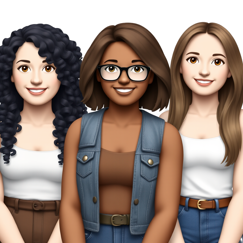 I make three beautiful friends, one of whom is white and has long black Curly hair, the second is brunette and wears glasses and has medium length brown hair, the third is white and has long brown hair