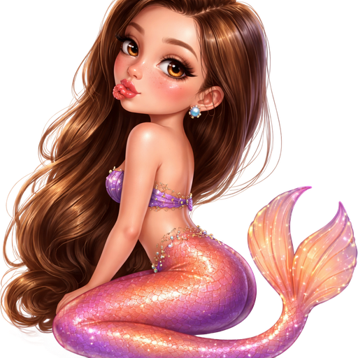 side view sitting looking over shoulder blowing a raspberry with hair completely swept over shoulder: semi-realistic soft cartoon luxury glam, mini plush Bratz-doll aesthetic, cinematic glow, crisp clean detail, glossy glam skin. brown eyed Petite 5ft girl, fair skin with soft freckles, wide face with tall forehead, honey-brown almond wide-set upturned eyes, fluttery lashes, shimmer highlight, plush lips, bottom heavy lip, sweet Belle-princess vibe, long straight brunette hair with visible caramel highlights, side-part hair all swept to the side over shoulder softly defined feminine body, full round bust, dressed as a purple and orange mermaid. full body showing. Cozy romantic glow, soft warm lighting, pop-princess energy