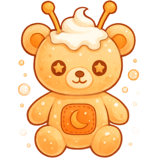 A dreamy orange creamsicle themed alien teddy bear that looks as if it’s orange soda with antennas and rich vanilla ice cream mixed together and soda pop bubbles around it with cute button eyes that match the theme like stars with a cute orange night sky patch that matches and looks sewed on