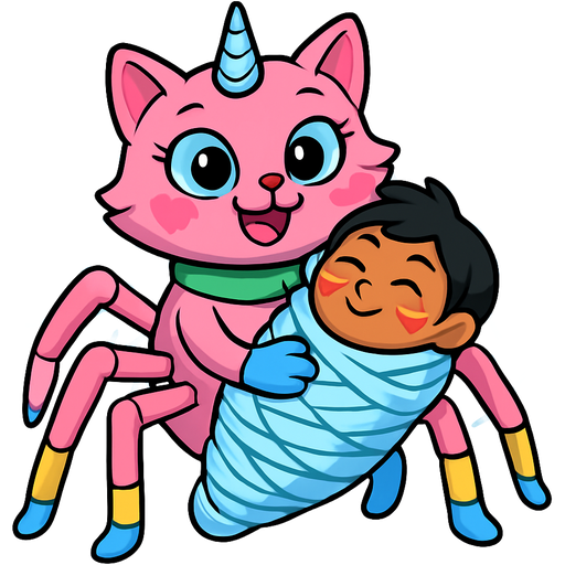 giant pink cat spider hybrid with blue unicorn horn green collar blue eyes with eyelashes heart shaped cheeks white wrists blue hands blue pink spider legs with yellow socks and blue socks cartoon character happy cuddling #B8FFFF cocoon slikworm cocooned pod jungle native boy with red and yellow face paints happy covered with #B8FFFF huge coating of #B8FFFF spider slik and huge #B8FFFF spider slik wrappings and huge #B8FFFF spider slik webbing wrappings #B8FFFF
