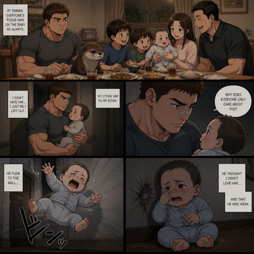 A REALISTIC and shows injuries ANIME LONG ANIME COMIC BOOK story view of a Bulky but Muscular ANIME Cute Bara Man With Peach toned skin Who looks Normal aind round facial Structure and Basic facial structure With Puffy and Big Pecs that are visible through the shirt and Biceps and Bandaid on his nose and Brown short hair that makes them look tough. Wearing normal With his pet Grown and healthy realistic otter and 2 little brothers that are in different ages but young. But didn‘t like the baby, but At the dinner table the baby was loved by the family. so the little baby is taken to his room alone so he picks the little baby and takes him to his room alone and the baby brother fly’s to the wall from him and lays leaning on the weak and the baby is scared that the big brother doesn’t love him and is Weak and hurt