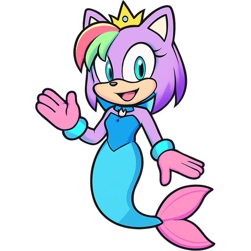 sonic x style version light purple anthro cat smiling with pink and green and yellow hair blue green eyes golden crown with light purple necklace light cyan braclets cyan and blue dress with pink skirt attached to cyan mermaid tail with pink tail fins pink and cyan gloves sonic x style version