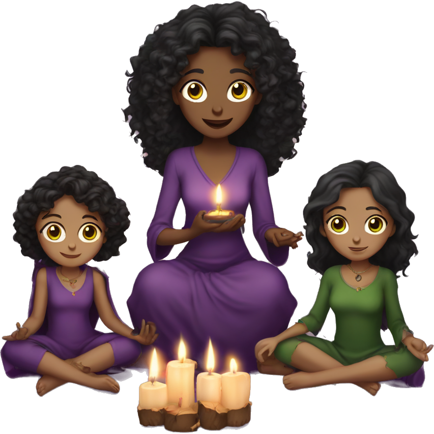 Two witches sitting around a circle of candles wearing warm purple, one is light skinned Indian with green eyes and medium long black curly hair, one is brunette with brown eyes and long brown wavy hair