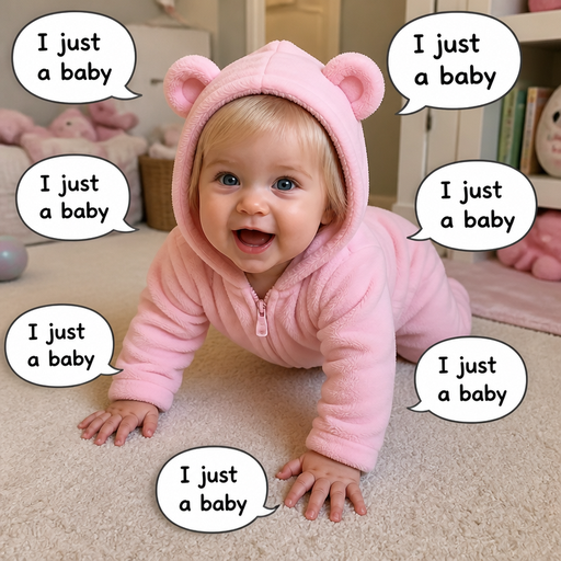 A baby crawling around saying I just a baby I just a baby and repeating it over and over, wearing a pink onesie with a hood on that has little barriers on it and make her hair blonde