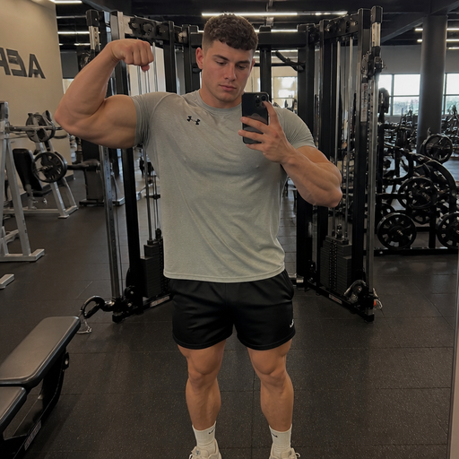 A Real life Full Body Image of a 6’3 Big and Hunky and Buff and Huge pecs that show through the Shirt and Biceps at huge that stretch the sleeves American White skinned Teenage Jock with a BASIC and ROUND looking face and Low taper fade with Dark Brown hair and brown eyes and Big Arms and Big Pecs with a Tall Grotesque Bodybuilding body and flexes while he takes a picture facing the mirror