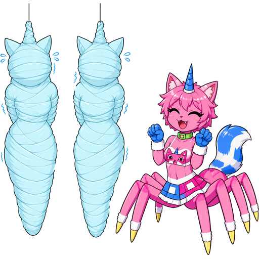 wrapped up and mummified fully covered in a #B8FFFF spider slik cocoon shaped like anthro cat girl anthro whimper arms behind back with #B8FFFF spider slik wrappings completely covered with thick layers non-transparent #B8FFFF spider slik wrappings hanged to the ceiling on the left side next to wrapped up and mummified fully covered in a #B8FFFF spider slik cocoon shaped like anthro cat girl anthro whimper arms behind back with #B8FFFF spider slik wrappings completely covered with thick layers non-transparent #B8FFFF spider slik wrappings hanged to the ceiling the left side next to happy anthro femboy pink cat drider with blue and white tail white wrists blue hands white ankles yellow tips on spider legs green collar blue unicorn horn wearing femboy clothing based on unikitty