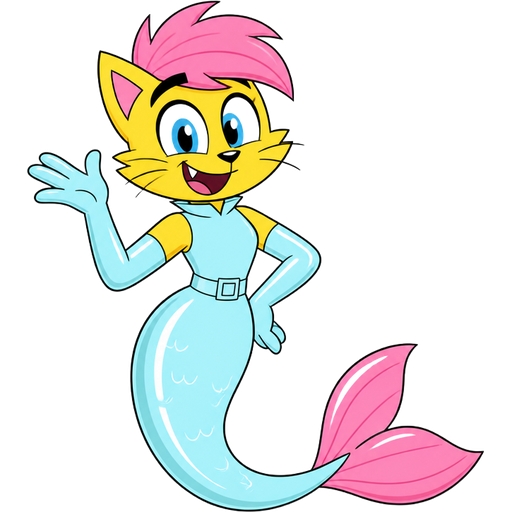yellow boy cat furry with pink hair and light cyan very long rubber gloves light cyan dress tucked in light cyan mermaid tail with white highlights with pink tail fins (t.u.f.f puppy)