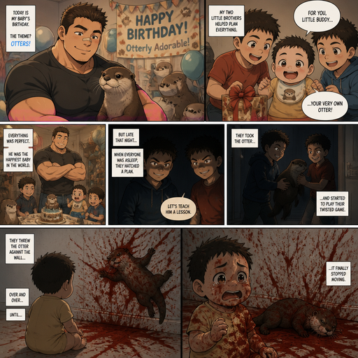 A DETAILED AND LIFELIKE Anime Comic Book story view of a Bulky but Muscular ANIME Cute Bara Man With Peach toned skin Who looks Normal aind round facial Structure and Basic facial structure With Puffy and Big Pecs that are visible through the shirt and Biceps and Bandaid on his nose and Brown short hair that makes them look tough. Wearing normal With his pet Grown and healthy realistic otter and 2 little brothers and baby that are in different ages but young. At the house on the baby‘s birthday and the theme is otters cause he loves otters and for a birthday gift, the baby gets an otter, the the brothers had a different plan late at night when everyone was gone, including the parents, the baby was playing with the otter. And the brothers took the otter and it flew to the wall in front of the baby while playing with it. And the there was red all over the otter and the wall, and the otter finally rested