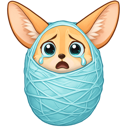 #B8FFFF cocoon wrapped up coated with think coat of #B8FFFF webbing #E5AA70 furry fennec fox shocked and teary eyes covered with #B8FFFF coated with think coat of #B8FFFF giant webbing and silk coating with #B8FFFF silk