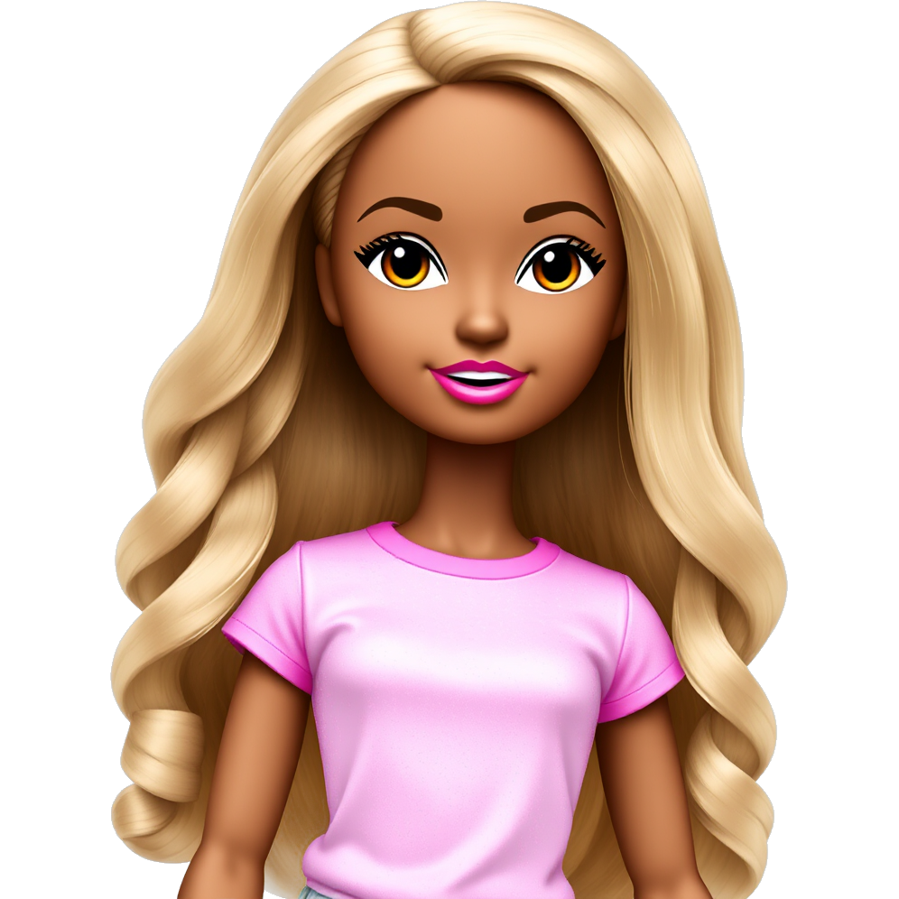 Light brown skinned Bratz doll with long honey blonde wavy hair. She’s wearing a hot pink sequined Tshirt