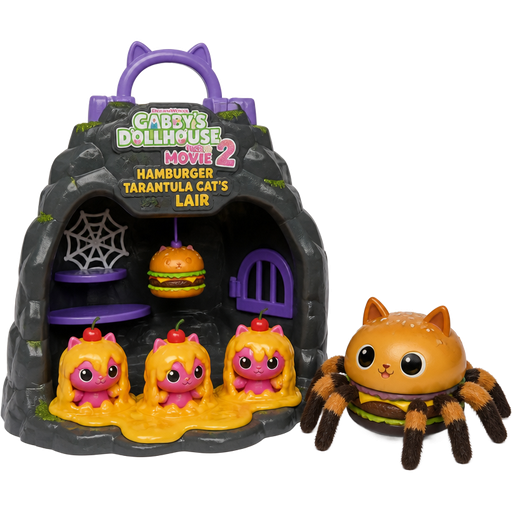 gabby's dollhouse the movie 2 hamburger tarantula cat's lair playset cave three cherry kittens trapped in melted cheese cocoons one hamburger tarantula cat figure