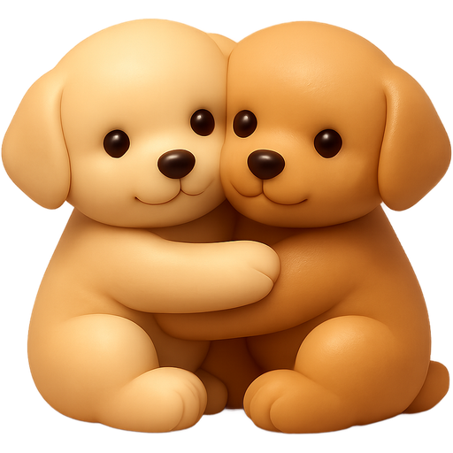Create a realistic 3D emoji in cozy beige aesthetic style — two Maltipoo puppies hugging. Both puppies should look like cute plush toys, not fluffy or furry, but smooth and softly shaded like iOS 3D emojis. One puppy is light caramel cream, the other slightly darker caramel. They are sitting and hugging like two teddy bears, with round baby-face eyes, a small black nose, short paws, and gentle smiles. The lighting should be warm and cozy, in beige, cream and pastel tones, similar to fall or café aesthetic. Style: realistic 3D emoji (not cartoon, not fuzzy), iOS-style shading, soft warm light, glossy smooth surface, cozy minimalist background. Format: 512×512 PNG with transparent background.