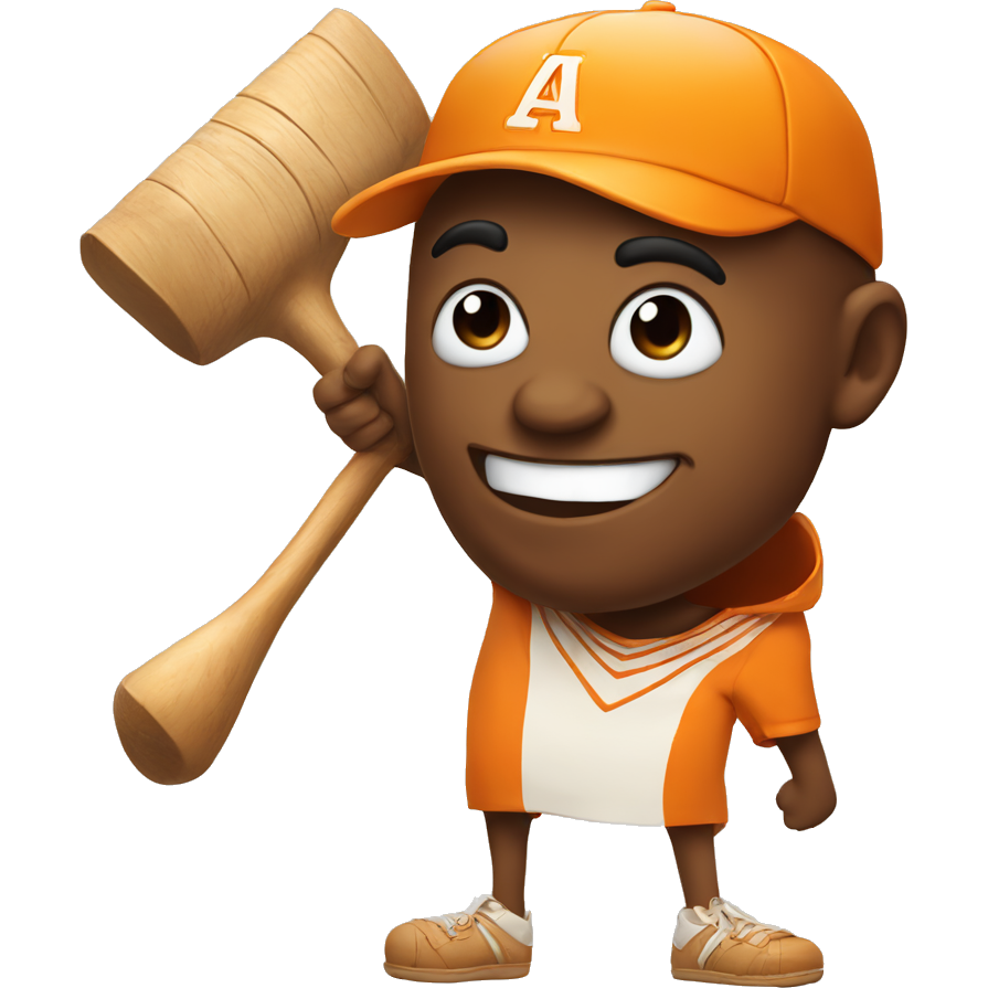 Orange wood with a happy expression on his face and his face looks like from the Egyptians and holding a baseball bat, his feet being looking like a human