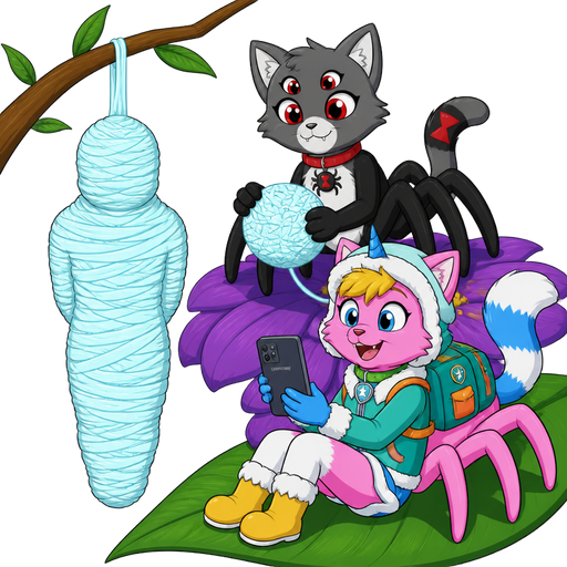 #B8FFFF sticky slik mummy-like-cocoon human entombed wrapped up and mummified fully covered in a #B8FFFF spider slik cocoon shaped like human with arms behind back with #B8FFFF spider slik wrappings completely covered with thick layers non-transparent #B8FFFF spider slik wrappings #B8FFFF hanging to branch next to Furuko the spider cat grey cat black arms and legs white belly fur six eyes red hourglass marking on tail red collar with spider charm holding a #B8FFFF ball of yarn made of #B8FFFF spider slik on purple flower next to happy pink cat anthro furry boy drider with yellow hair blue and white tail white wrists blue hands white socks yellow boots green collar blue unicorn horn based on unikitty wearing everest's hat and everest's clothing with everest's backpack holding Samsung phone on leaf
