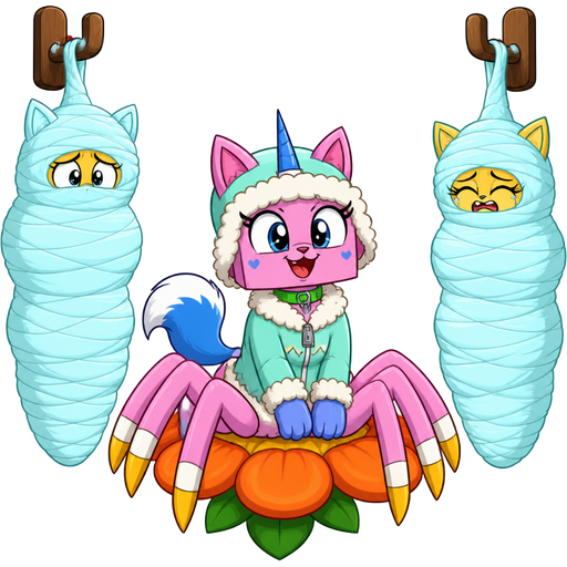 wrapped up and mummified fully covered in a #B8FFFF spider slik cocoon shaped like male anthro yellow cat anthro worried with arms behind back with #B8FFFF spider slik wrappings completely covered with thick layers non-transparent #B8FFFF spider slik wrappings hanged to the wooden hook on the left side next to wrapped up and mummified fully covered in a #B8FFFF spider slik cocoon shaped like female anthro yellow cat girl anthro whimpering arms behind back with #B8FFFF spider slik wrappings completely covered with thick layers non-transparent #B8FFFF spider slik wrappings hanged to the wooden hook on the the right side next to happy femboy anthro furry pink cat drider with blue and white tail white wrists blue hands white ankles yellow tips on spider legs green collar blue unicorn horn based on unikitty wearing everest's hat and clothing sitting on a orange flower