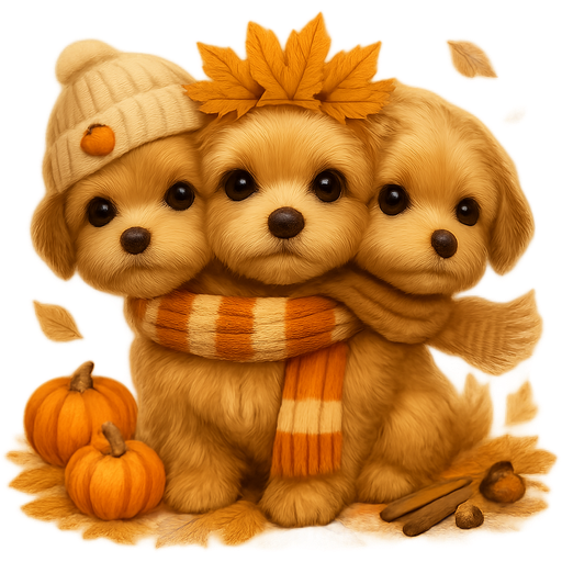 Cerberus Maltipoo, the legendary three-headed guardian of the underworld, is reimagined as an adorable autumn puppy. Each of his three heads has its own cozy fall charm: – The first head wears a soft beige knitted hat with a tiny pumpkin patch pin. – The second head has a leaf crown made of golden and amber maple leaves. – The third head is wrapped in a light brown scarf, slightly oversized and fluffy, flowing gently in the autumn breeze. His fur is fluffy and silky, in warm caramel and honey tones, with a few golden highlights that catch the autumn sunlight. His eyes are large and round, full of gentle warmth and curiosity. Around his necks is a shared scarf in deep orange and cream stripes, perfectly matching the season. He sits on a blanket of fallen leaves, surrounded by tiny pumpkins, acorns, and cinnamon sticks. A few fluttering leaves swirl in the background, and the air feels crisp yet cozy. Style: realistic Apple emoji aesthetic (3D, glossy texture, soft warm lighting, cozy tones). Mood: magical, gentle, autumn fairytale energy — warm, playful, and heart-meltingly cute. Format: 512×512 px PNG, transparent background.