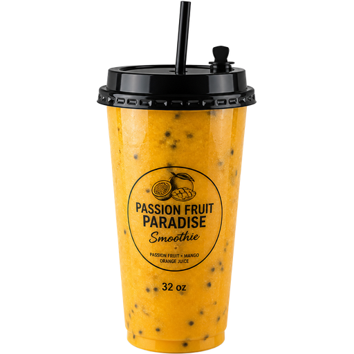Passion Fruit Paradise Smoothie with a 32oz PP Injection Cup and a Premium Plastic PP Black Lid with an Attached Stopper including a Straw on Top of It Blended with Passion Fruit, Mango and Orange Juice