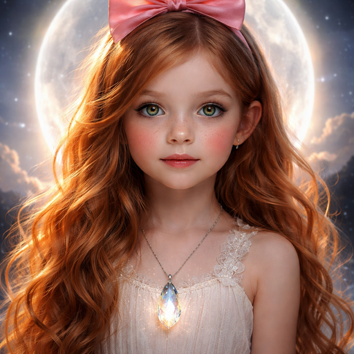 Make a beautiful pic from the Moon with a Moon halo and a Little Girly girl with red-gold Hair and a pink bow in the Hair and Beautiful Green eyes and a Chane with a a Mountain christal