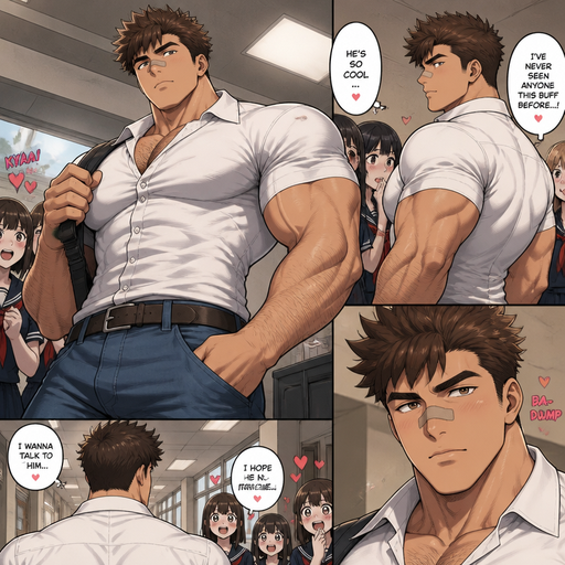 A REALISTIC AND comic book of a bulky but Muscular ANIME Cute Bara 20 year old With Peach toned skin Who looks Normal and a MANLY AND mASCULINE structure With Puffy and Big Pecs that are visible through the shirt and Biceps and Bandaid on his nose and Brown Spiky hair that points up. Wearing a white shirt and Jean‘s with a HAIRY MANLY v shaped body and a Snatchable waist and big and bulky upper body. At school she loves him
