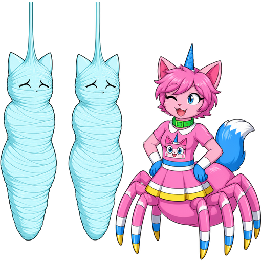 wrapped up and mummified fully covered in a #B8FFFF spider slik cocoon shaped like anthro female cat anthro worried arms behind back with #B8FFFF spider slik wrappings completely covered with thick layers non-transparent #B8FFFF spider slik wrappings hanged to the ceiling on the left side next to wrapped up and mummified fully covered in a #B8FFFF spider slik cocoon shaped like anthro female cat anthro worried arms behind back with #B8FFFF spider slik wrappings completely covered with thick layers non-transparent #B8FFFF spider slik wrappings hanged to the ceiling the left side next to happy anthro femboy pink cat drider with blue and white tail white wrists blue hands white ankles yellow tips on spider legs green collar blue unicorn horn wearing femboy clothing based on unikitty