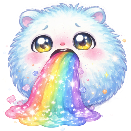 Тошнит радугой и блесками, a cute fluffy round creature, soft light blue fur, big shiny yellow eyes, small ears barely visible, chubby ball shape, expressive face, cartoon style, bold outline, soft shading, sticker style, white background