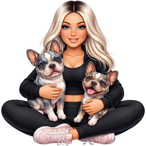 A thick baddie woman with icy blonde hair parted dark in the middle and grey colored almond shaped and many freckles across her nose sitting in the middle of a yoga pose in black workout clothes open black sweater black tank top covering her stomach and light pink adidas hugging a grey blue spotted merle french bulldog with one blue eye and one brown eye and another smaller gray merle french bulldog with brown eyes and tongue sticking out