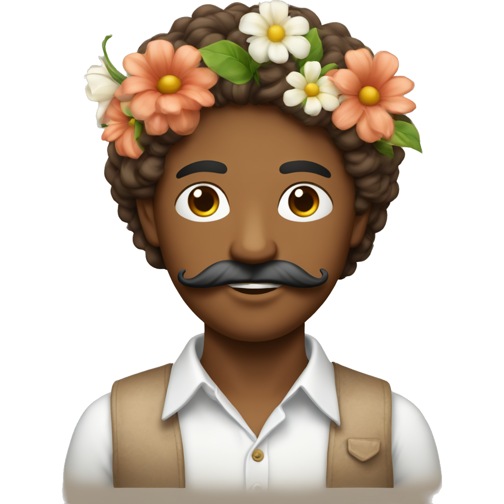 Homme avec la peau bronzée, les cheveux très bruns, un bouc, une légère moustache , habillé avec une chemise et avec un bouquet de fleurs