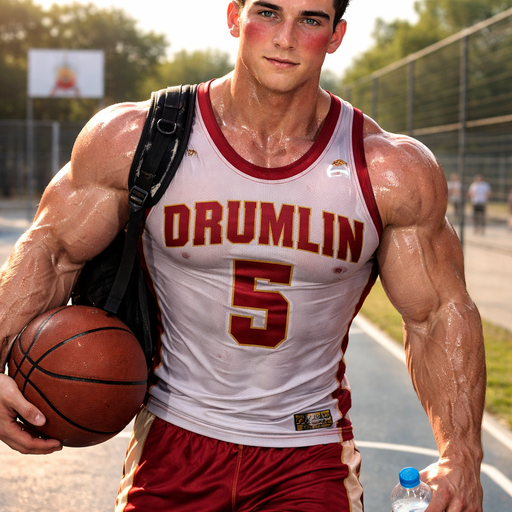 A Real life Full Body Image of a Hunky and Muscular, Handsome and Masculine Student with Brown Spiked hair and Blue eyes and with Chunky Arms and Pecs and Very Stocky Body. Wearing a School Drumlin Outfit that is short at his Waist. blushing with Sunburn under his eyes. Walking off the Court drenched in sweat.