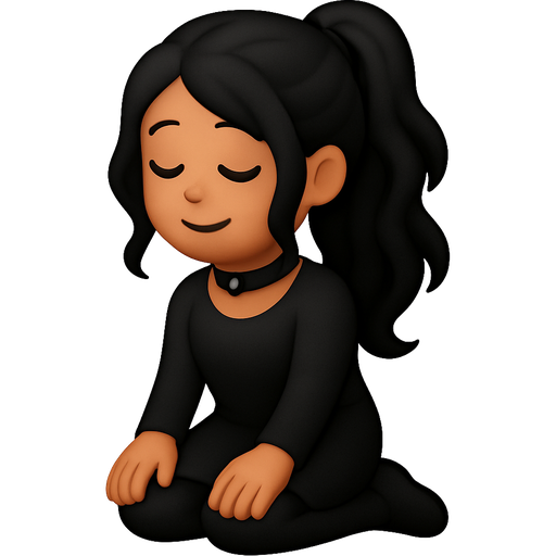 Kneeling shy goth girl pony tail. Kneeling on both knees. Not sad. Hands on her knees. Long black wavy hair. Choker on her neck. Light brown skin