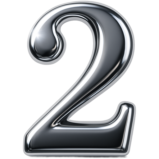 High shine chrome number 2 in serif font. Strong top left light source, medium pillow inflation, high contrast reflection, soft bevel fully rounded