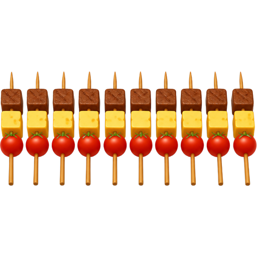 Sur une grande assiette m’est des brochettes dans les brochettes mets un morceau de viande puis un carré de fromage puis une tomate m’est en 10