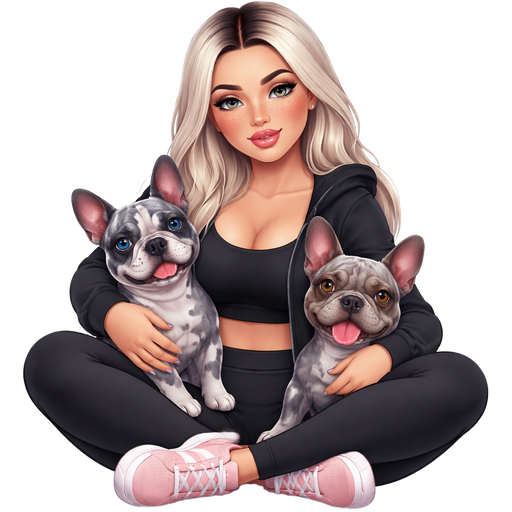 A thick baddie woman with icy blonde hair parted dark in the middle and grey colored almond shaped and many freckles across her nose sitting in the middle of a yoga pose in black workout clothes open black sweater black tank top and light pink adidas hugging a grey blue spotted merle french bulldog with one eye blue and one eye brown color and another smaller gray merle french bulldog with brown eyes and tongue sticking out not smiling