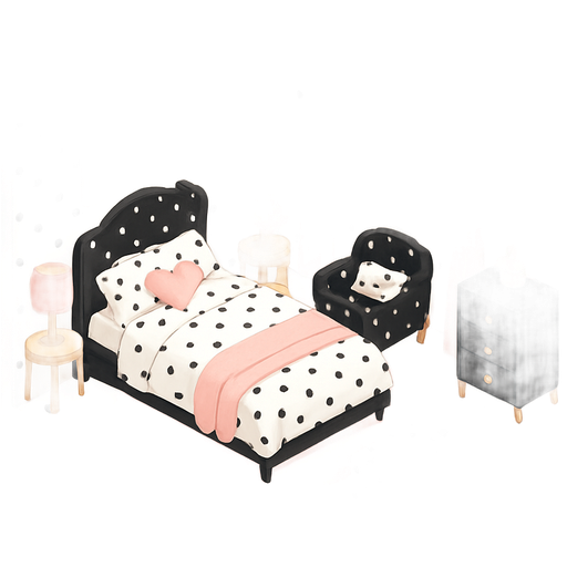Black and white polkadots whith accents of gold and pink and it’s like a dream room that’s very comfortable