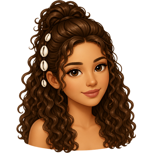 light colored skin brown curly hair in a half up half down with white shells in hair on the left side