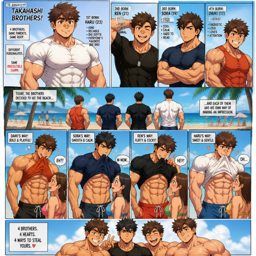 A Full Body Comic Book story view of a Bulky and hunky ANIME Cute Bara Man With Peach toned skin Who looks Normal and round facial Structure and Basic facial structure With Puffy and Big Pecs that are visible through the shirt and Biceps and Bandaid on his nose and Brown and fluffy hair. Wearing normal clothes. And the comic introduces each of his 3 Cute brothers each with different personalities, who are hunky and beefy and each hunkier as they get older and and they go to the beach and each brother walks to a girl with the waist part of his shirt in his mouth, showing his and abs