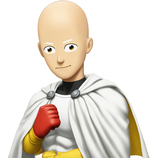 Saitama from One Punch Man, bald head, blank expression, yellow hero suit with white cape, red gloves